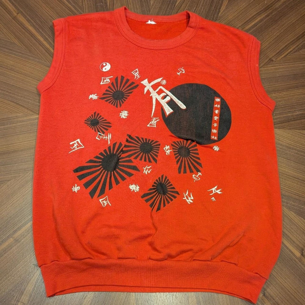 Vintage Japanese Graphic Tank Top Women Red Good Sunburst Kanji Sleeveless M